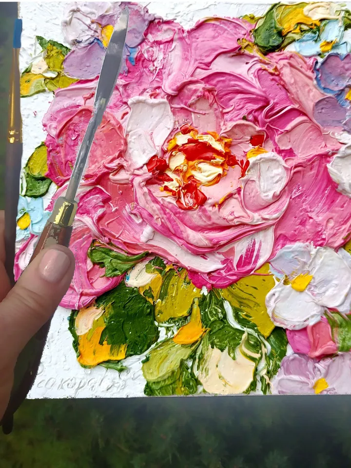 Rose Painting Hydrangea Original Art Floral Impasto Oil Painting Small Wall Art 6x6 Harmony in Blooms Floral Delight by ArtProkopaloSv
