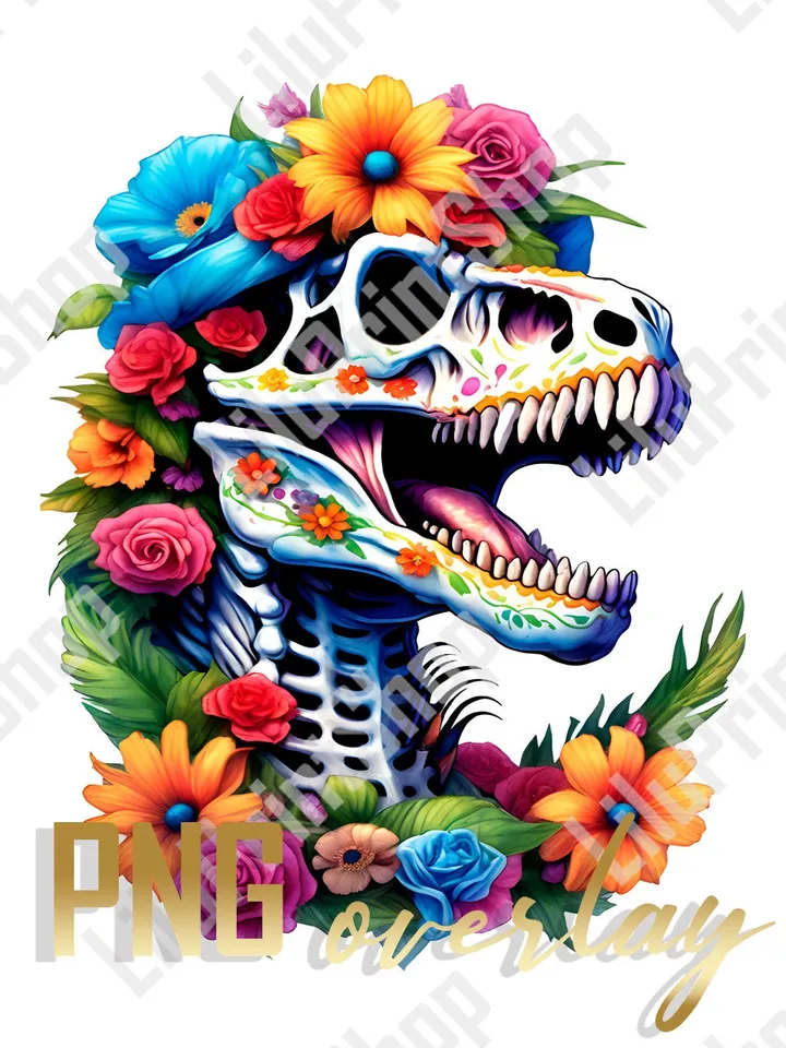 Tyrannosaur png Sugar skull clipart Dino Candy skull overlay for Day of the dead, Cinco de Mayo Dia de los muertos digital instant download