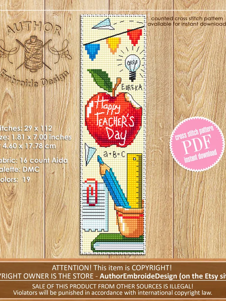 Teacher bookmark cross stitch pattern PDF download Happy teachers day, Handmade bookmark pattern digital PDF, Teachers day gift School #B350