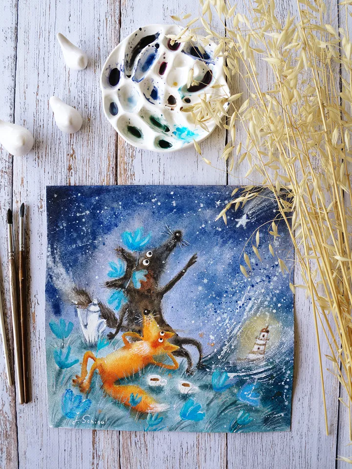 27x27cm Artwork by Julia Schigal "A Shooting Star" - watercolor, gouache, pastel