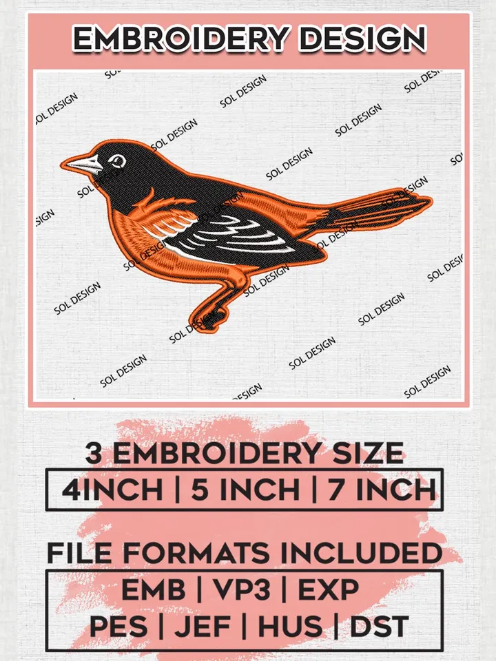 Baltimore Orioles Machine Embroidery Files, MLB Baltimore Orioles Team Embroidery, MLB Teams, 3 sizes, MLB Machine embroidery designs, Digital Download