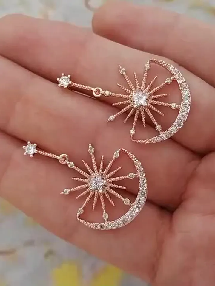 Rose Gold Moon and Star Hoop Wedding Earrings, Celestial  Boho Bridal Earrings, Bridesmaid Gift, Dangle Earrings Bohemian Jewelry, Jewellery