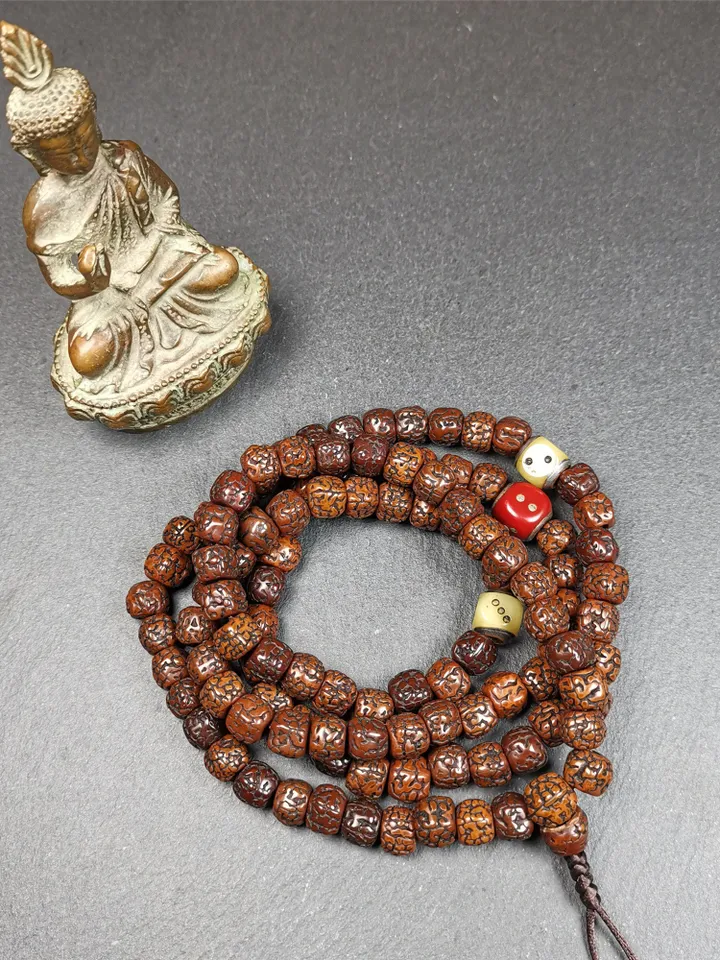 Gandhanra 108 Tibetan Rudraksha Beads Mala,Prayer Beads Necklace,Rosary Beads for Meditation,Diameter 0.35", Circumference 35"