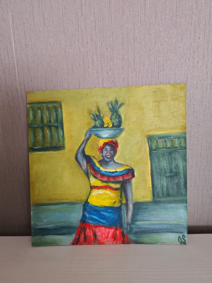 Latina Original Painting Colombian Woman Original Art Bright Latina With Fruits Modern Artwork Woman Bright Dress Wall Decor 8 x 8 inches by OlgaSokolovaArt