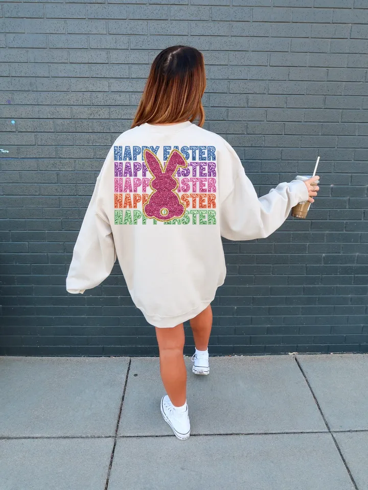 Trendy Easter Bunny, Sparkly Faux Sequins Easter Png, Happy Easter png, Cute Easter Day Shirt Design, Trendy Easter Back and Pocket