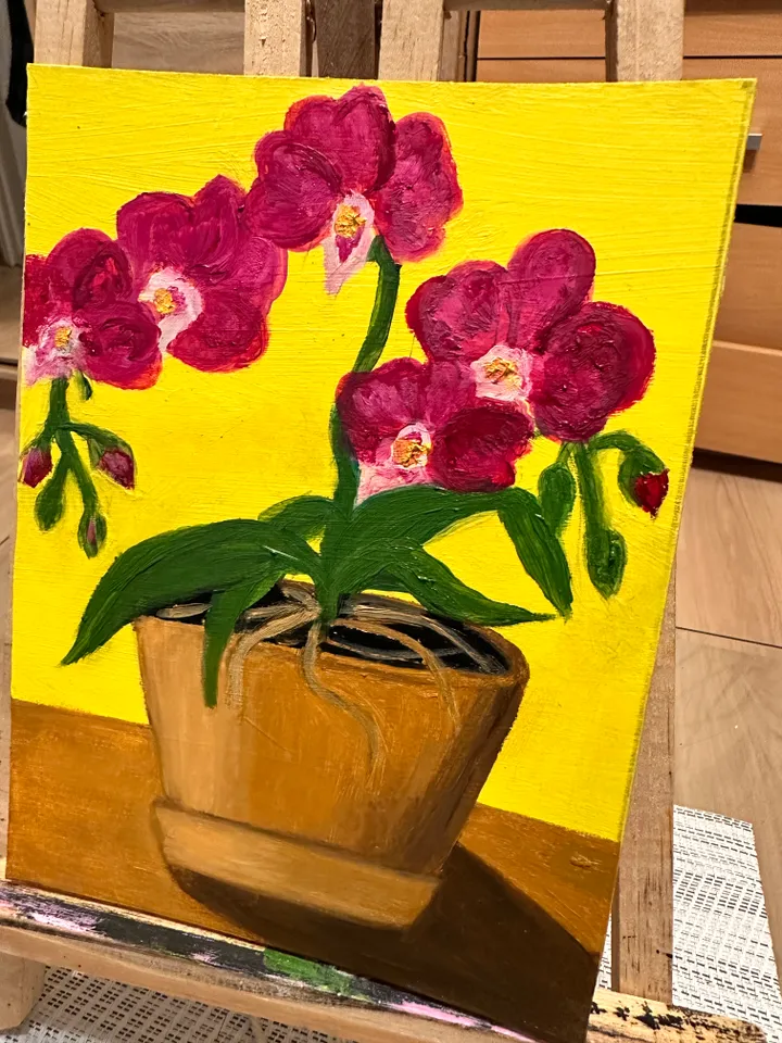 Oil Painting Orchid In a Pot Home Indoor Plants Flowers Nature Floral Art Wall Decor Miniature New Unframed Cardboard 8x6 Inches 21x15 cm
