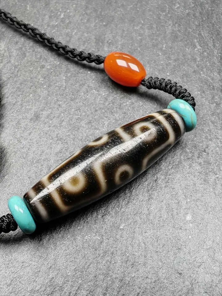 Gandhanra Vintage Tibetan 9 Eyes Dzi Bead Necklace,Protective Charm,Spiritual Gift,1.5" x 0.4"