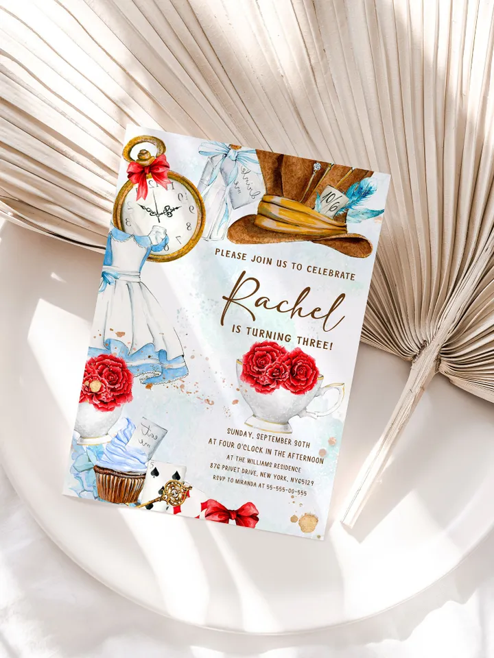 Editable Alice in Wonderland Birthday Party Invitation; Alice Tea Party 1st Girl Birthday Onederland Birthday Invitation Instant Download