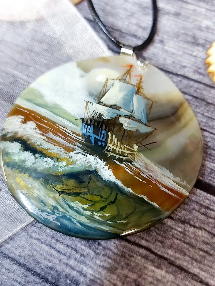 Pearl pendant necklace: Ship in sea storm painted on handmade shell art jewelry • Dainty handcrafted nautical jewelry for dress on yacht