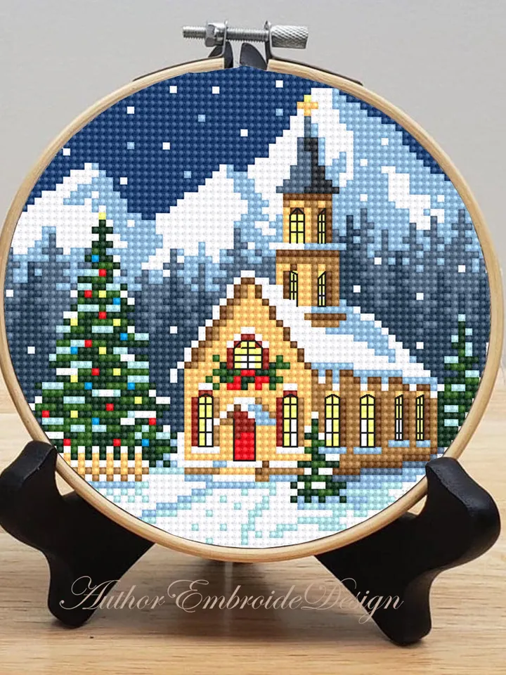 Christmas church cross stitch pattern PDF download Winter landscape cross stitch chart Christmas pattern digital PDF Christmas village #N179