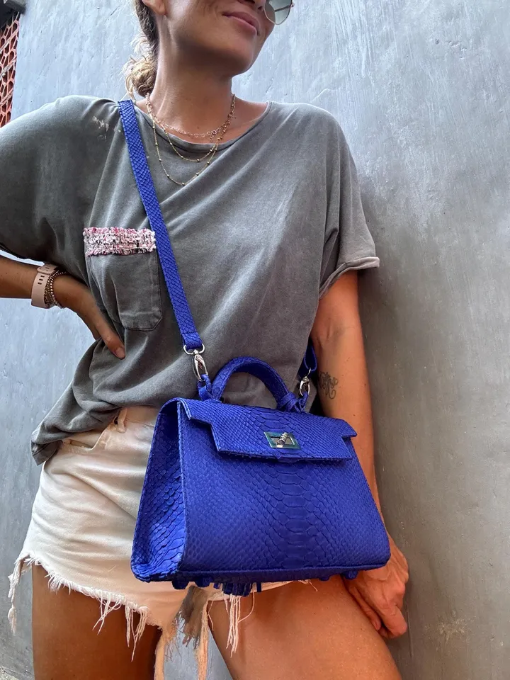 Top handle bright blue classy genuine python skin bag | exotic leather bags | Elegant women purse | snake skin bag | designer leather bag