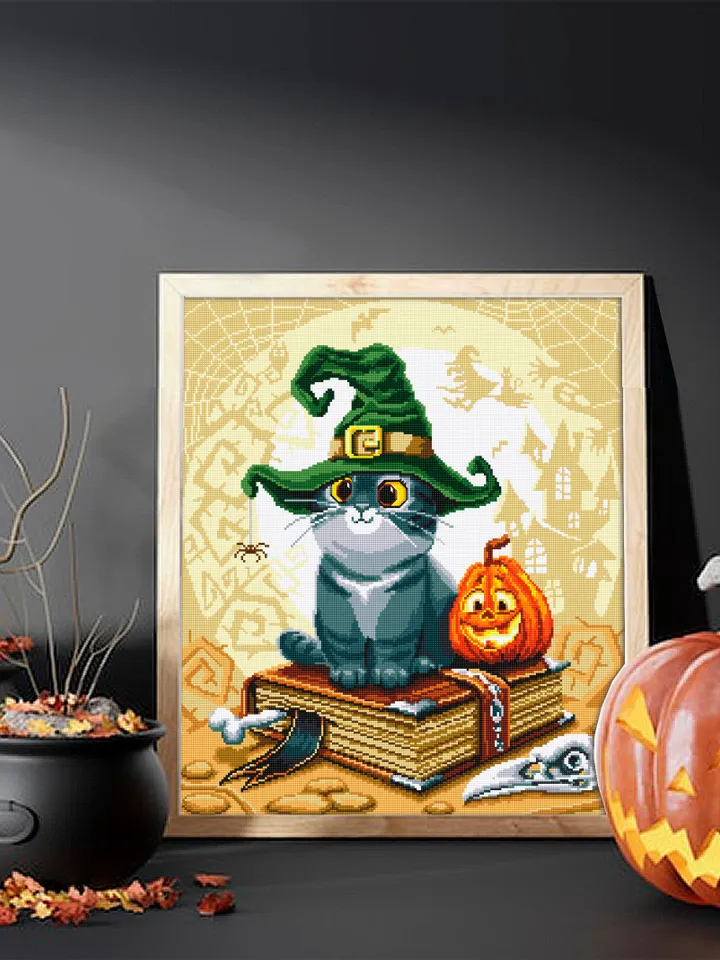 Halloween witch cat cross stitch pattern PDF download Cute cat in the hat cross stitch chart, Halloween pattern digital PDF, Witch hat #H25