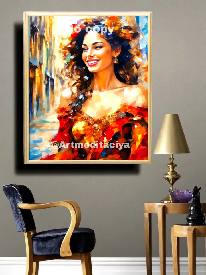 Digital abstract painting "Playful Carmen" in the style of oil painting with a palette knife on an abstract urban background of Barcelona. This is an image of a dynamic smiling Spanish brunette in a red neckline with a gold decoration with a red flower