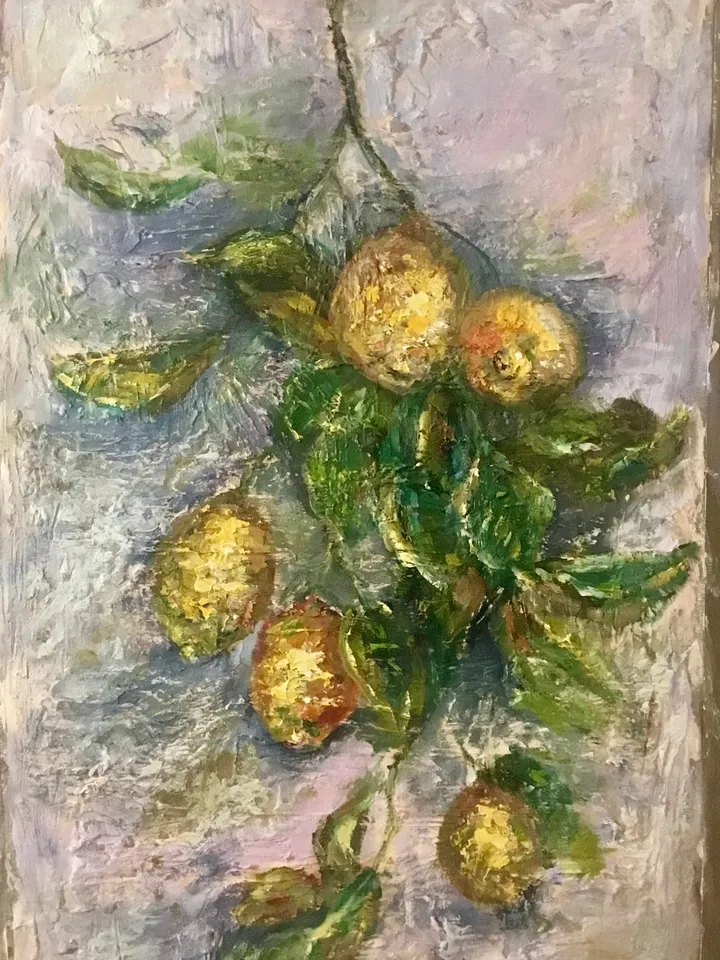 Lemons original oil painting on unstretched canvas,textured impressionistic painting,Monet inspired,dining room,kitchen decoration,art gift.