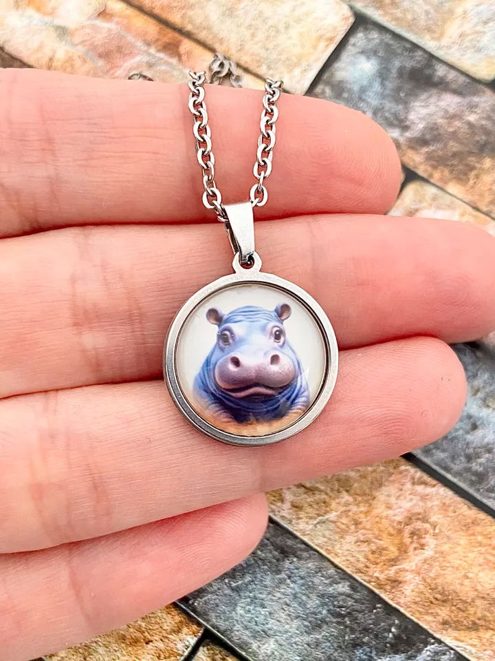 Hippopotamus head necklace, steel pendant with glass, Behemoth lover gift