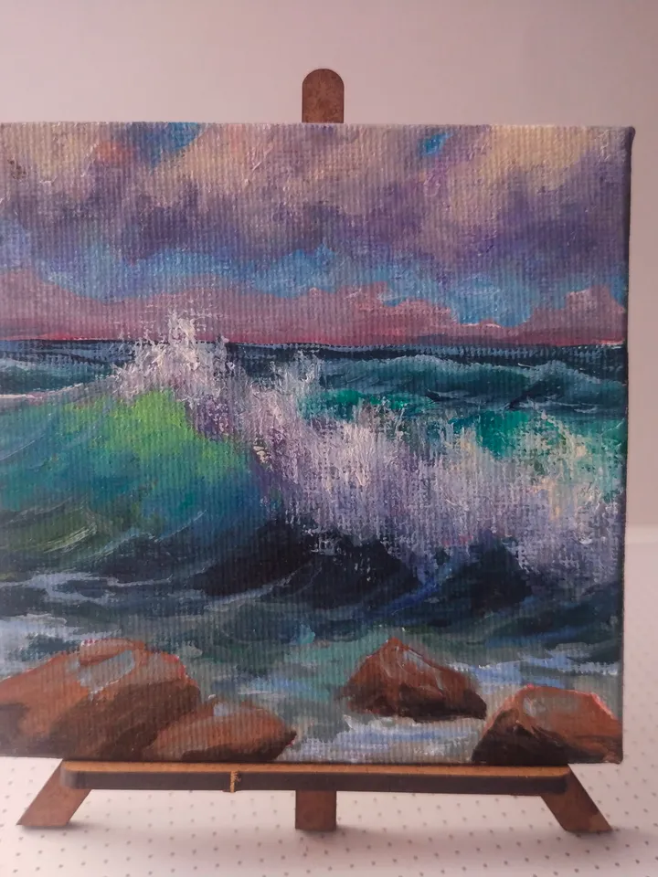 Original Seascape Oil Painting, Miniature canvas with easel, Turquoise Wave art decor, Unique gift for art lover