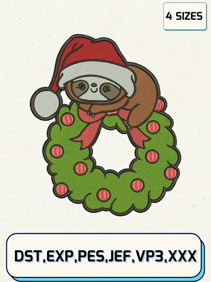 Christmas Sloth On A Christmas Wreath Embroidery Designs,Christmas Embroidery Designs,Machine Embroidery Files,4 Sizes