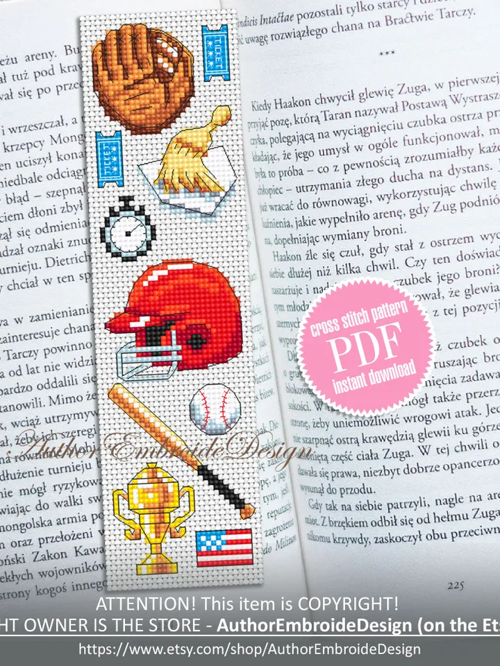 Baseball bookmark cross stitch pattern PDF download Sport mini cross stitch chart Modern bookmark pattern digital PDF Bookmark for men #B309