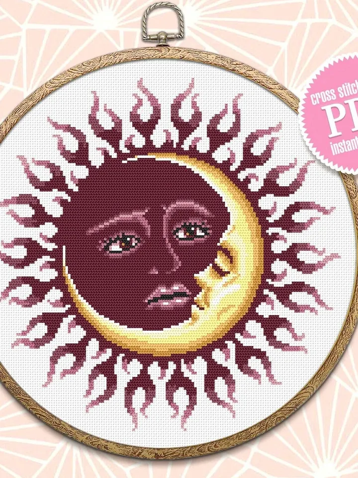 Mandala sun and moon cross stitch pattern PDF download Sun mandala cross stitch chart, Sun moon pattern digital PDF, Crescent moon #M185