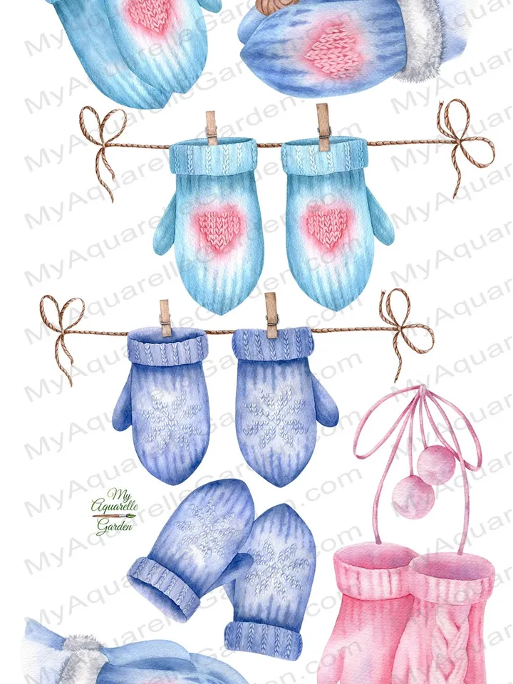 Mittens Christmas Winter New Year Watercolor hand-painted images DIY invitations cards stickers Scrapbooking Gift wrapping Printable PNG