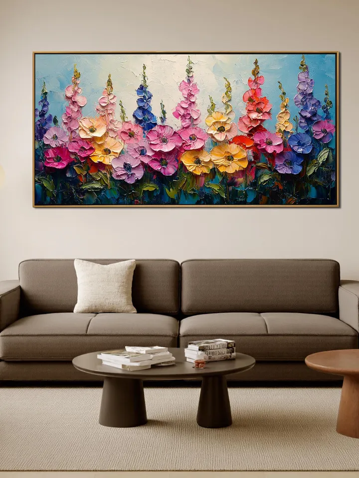 Large Impasto Floral Landscape Painting, Colorful Wildflower Field Artwork, Textured 3D Original Art, Vibrant Wall Art Decor, Garden Scene