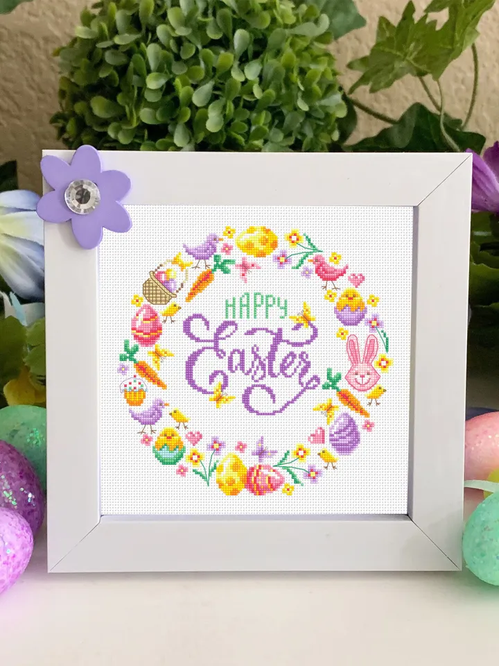 Easter wreath cross stitch pattern PDF download Happy Easter cross stitch chart, Pastel Easter pattern digital PDF, Easter wall decor #T32