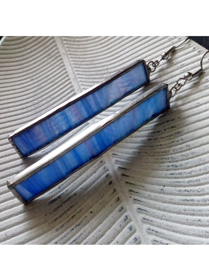 Glass blue geometric earrings, Simple Stained glass, rectangle earrings, Minimalist earrings, Dangle minimalism earrings