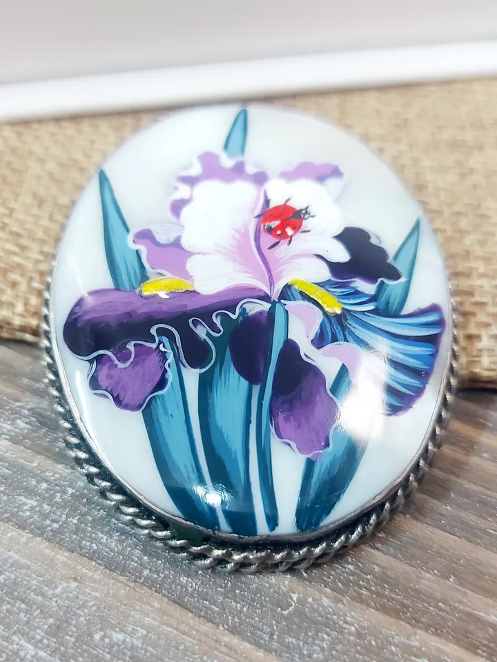 Mother-of-pearl Russian brooch "Iris Flower ", Miniature hand-painted, Russian fine art jewelry, Аbalone shell. Russia gift for woman. Pin