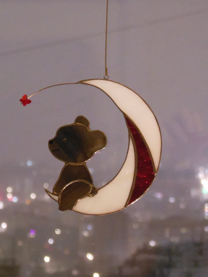 Bear on Moon with Butterfly . Swarovski Сrystal .  Stained glass window hanging Suncacher