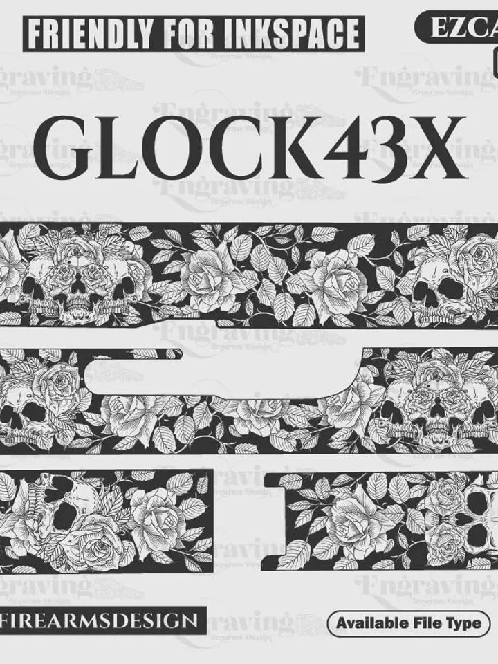 Glock43X Skull With Rose scroll,lasercut,laserengraving,fiberlaser,svg,svgdesign,rosescroll,skull,engravingfiles,laserpattern,engraving
