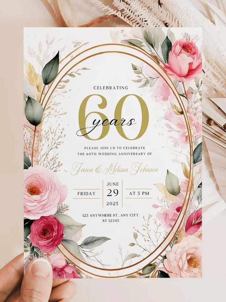 60th Anniversary Party Invitation, 65th, 50th, 40th, 30th, Blush Pink Canva Template 5x7 birthday invitation & evite digital invitation