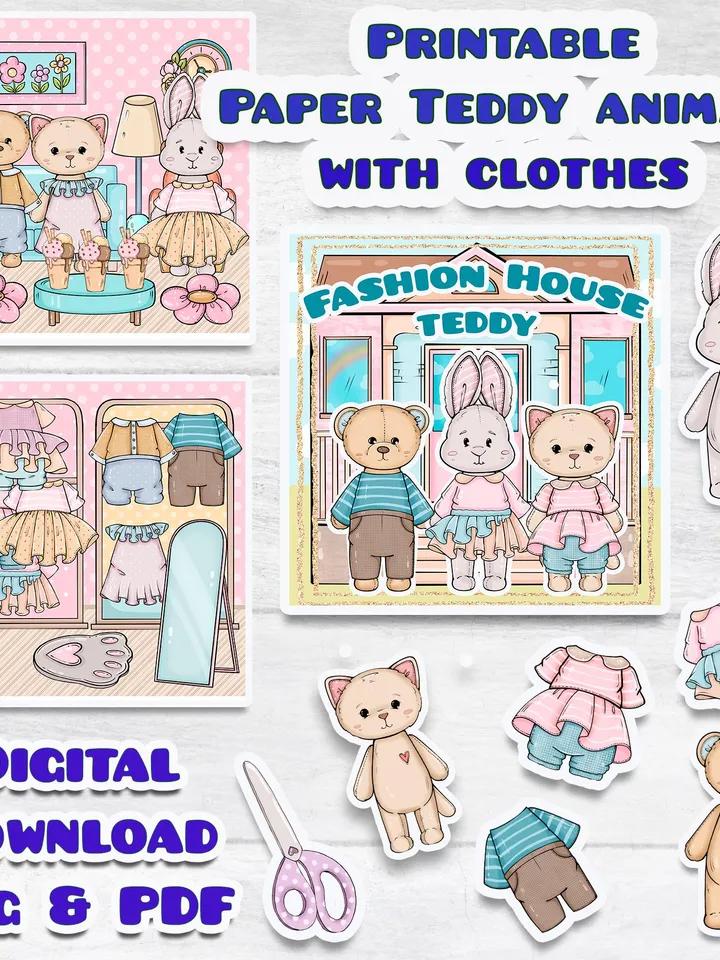 Printable Paper Teddy doll house, printable Teddy clothes set, Printable Paper dollhouse, Holiday Blythe paper doll Busy book printable kids