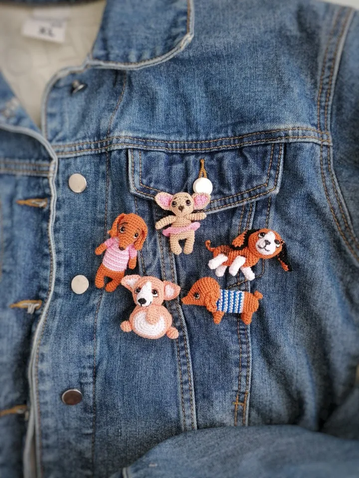 PDF Crochet Dogs Brooches SET Pattern: Welsh Corgi, King Charles Spaniel, Dachshund Boy, Dachshund Girl, Chihuahua, Amigurumi dog