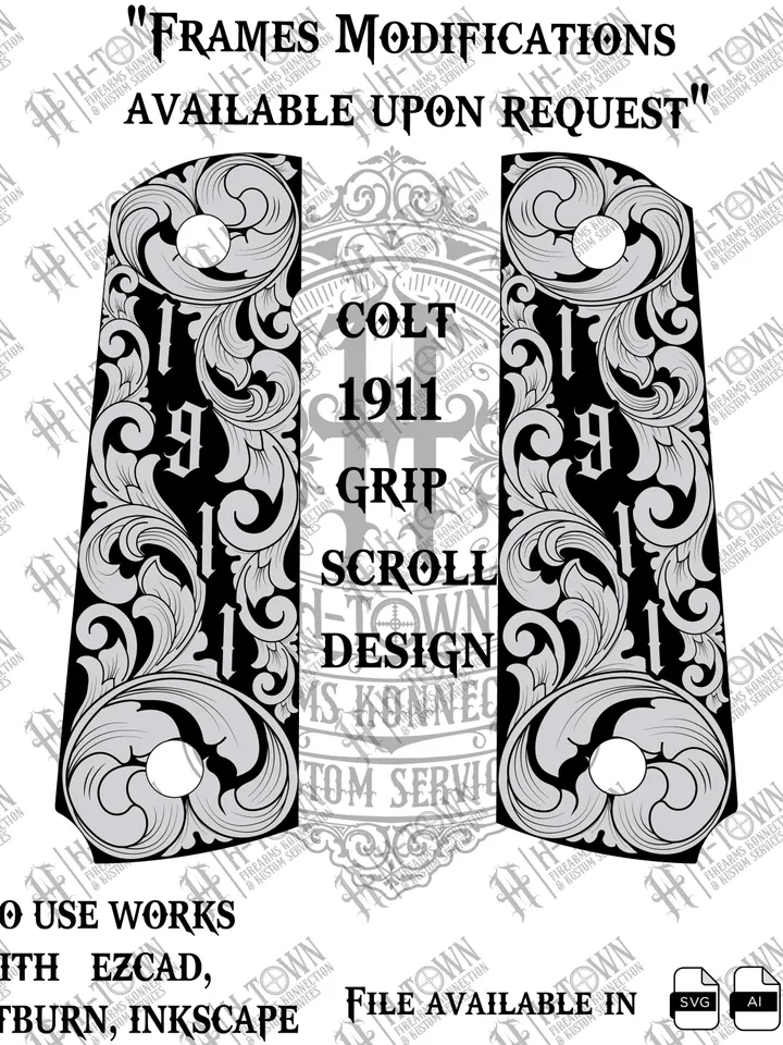 Colt 1911 Grip Scroll Engraving Design: Laser-Ready Vector (Digital Download
