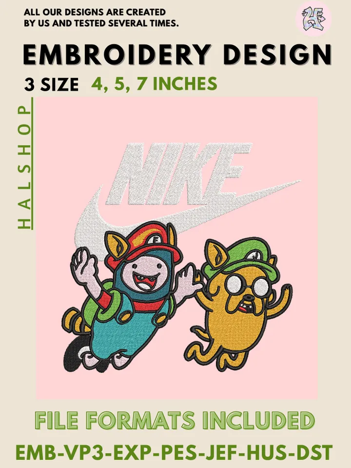 Adventure Time x Mario x Nike Machine Embroidery Design – Cartoon Crossover Digital Embroidery File 🍄🕹️