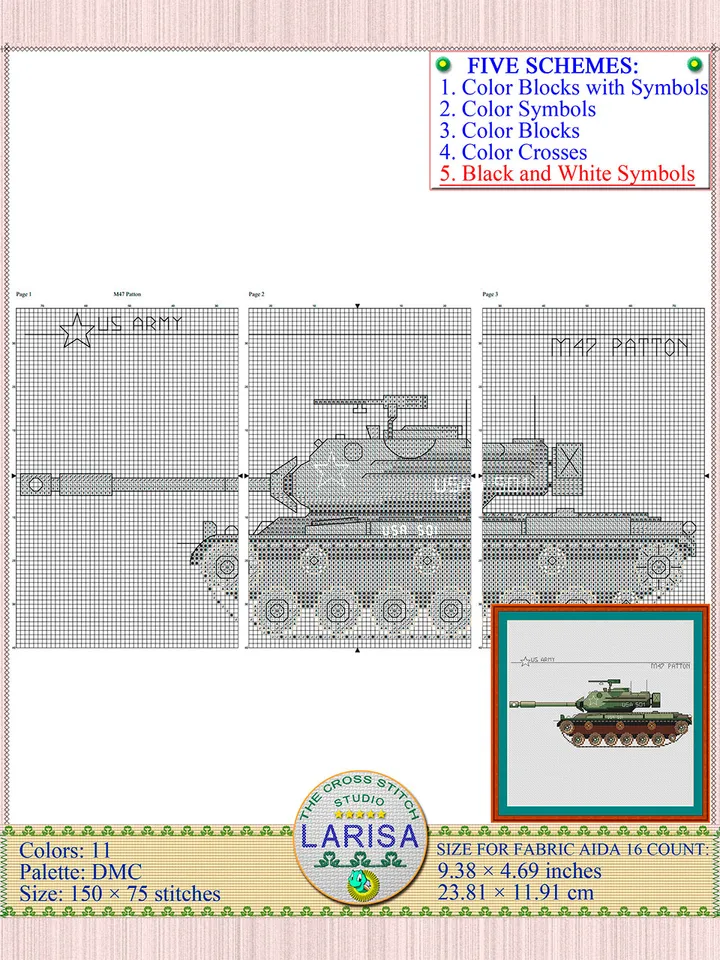 M47 Patton Cross Stitch Pattern | Patton Tank Chart | American War Machine