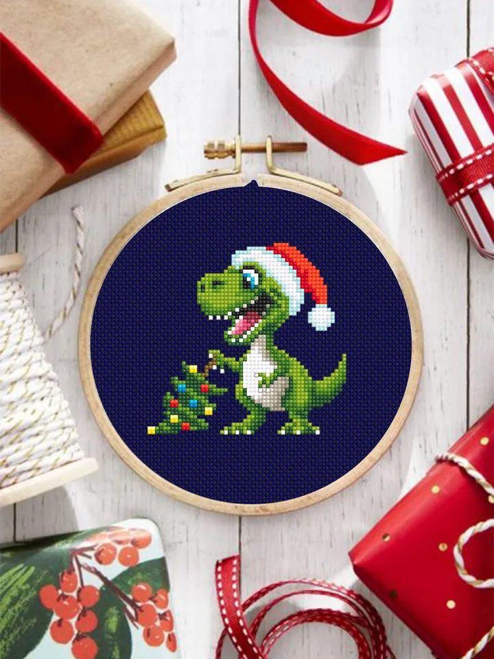 Funny dinosaur christmas cross stitch pattern PDF download, Set of 2 small dinosaur cross stitch chart, Cute dino pattern digital PDF #N113