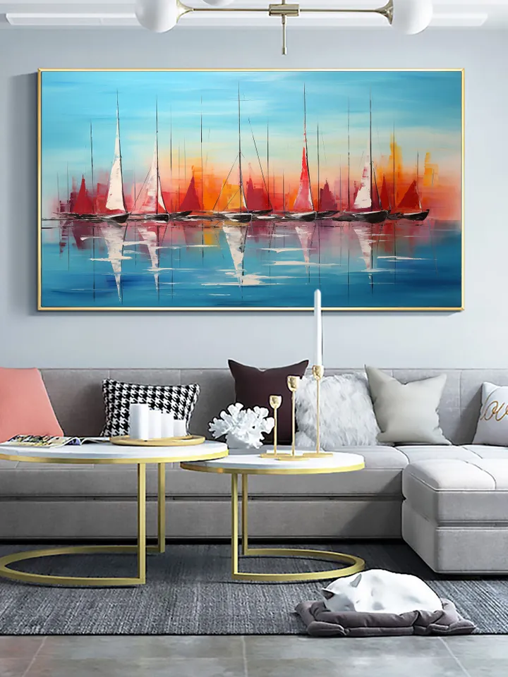 Original Sailboats Painting on Canvas, Large Wall Art, Abstract Colorful Painting, Ocean Art, Living room Wall Decor, Custom Painting