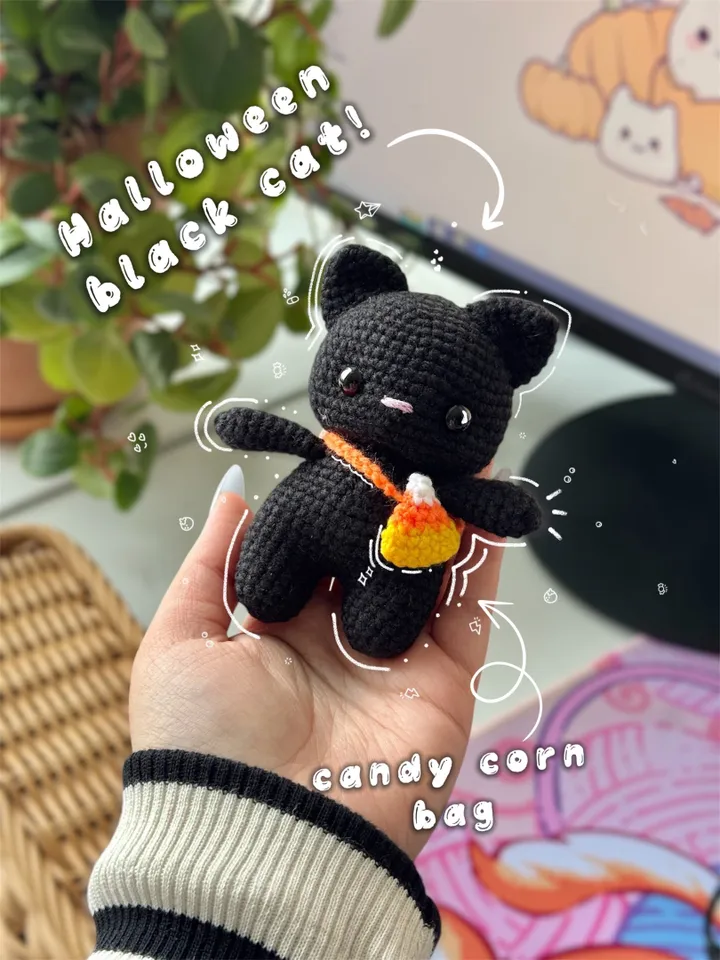 Halloween black cat with candy corn bag, Crochet Pattern, amigurumi halloween, cat crochet pattern, candy corn crochet, amigurumi kitty crochet