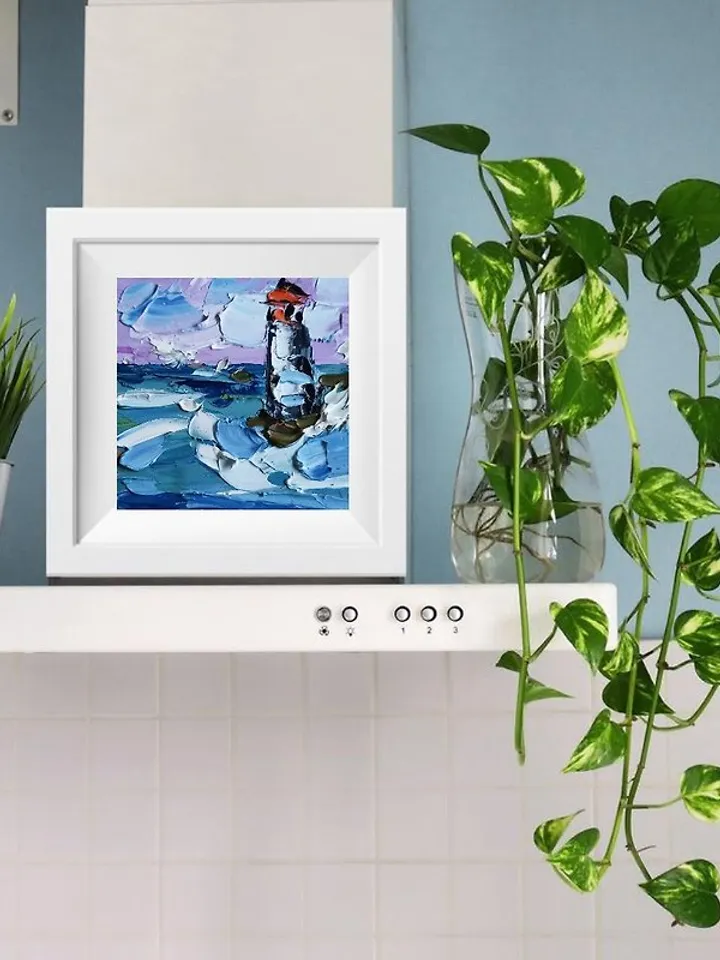 Lighthouse Painting Ocean Original Art Small Impasto Oil Painting by Verafe