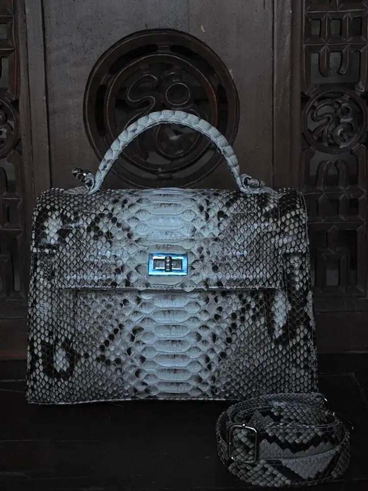 Top handle grey classy genuine python skin stitched bag | exotic leather bags | Elegant women purse | snake skin bag | designer leather bag