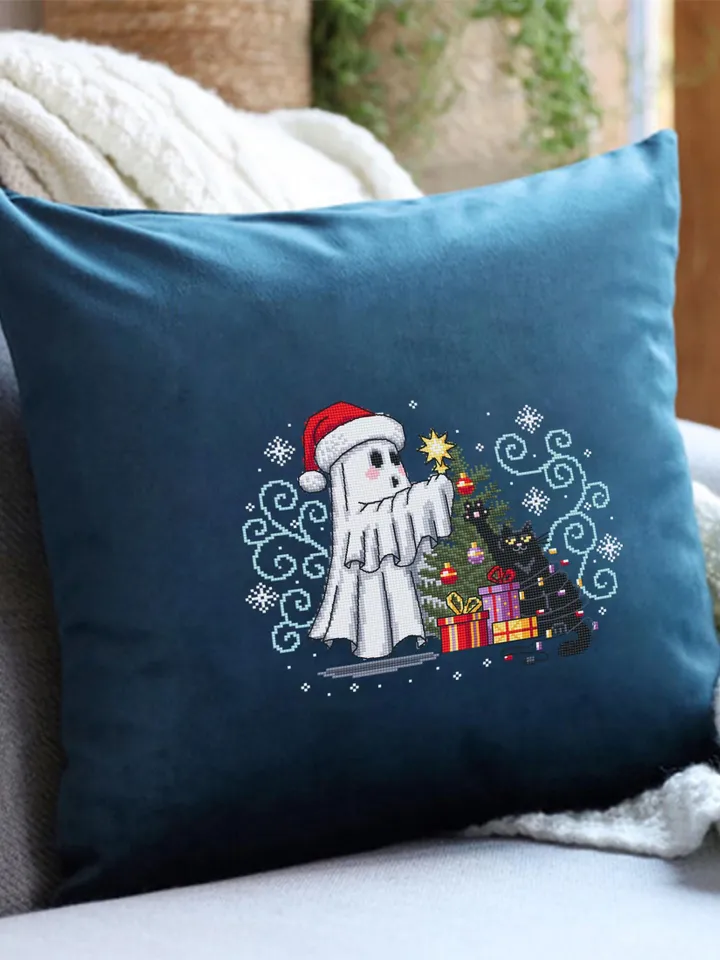 Christmas ghost with black cat cross stitch pattern PDF download Cute ghost cross stitch chart, Christmas pattern digital PDF #N147