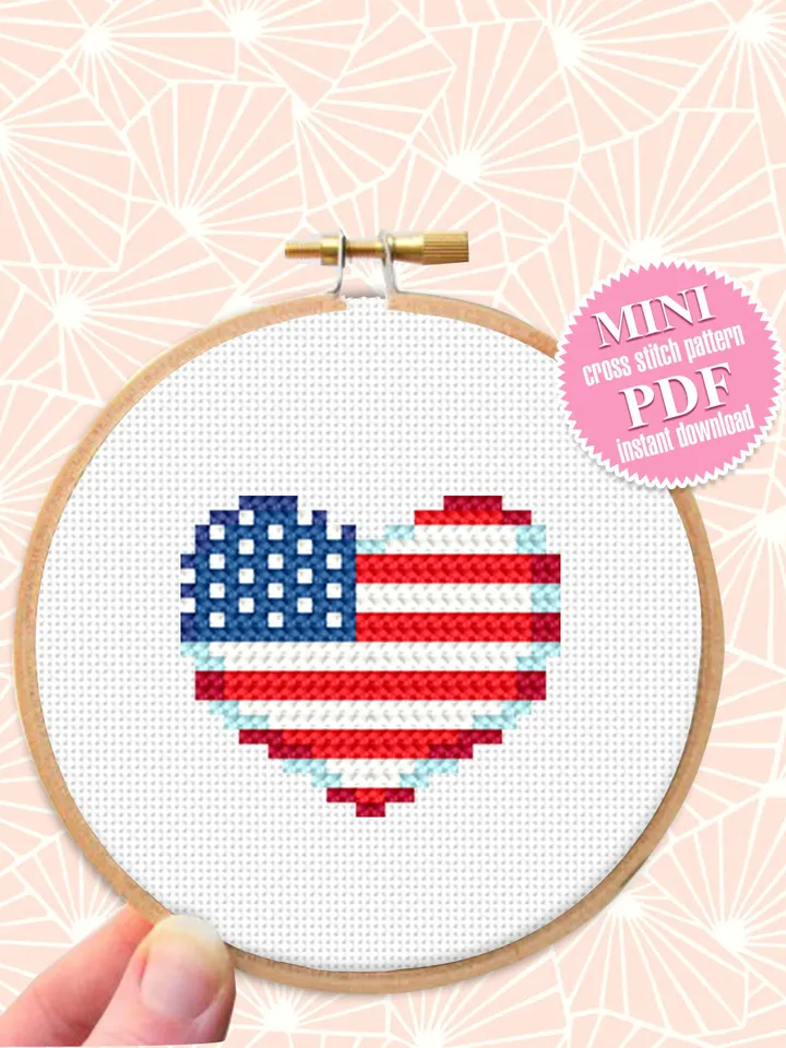 American flag heart cross stitch pattern PDF download Patriotic cross stitch chart, Independence Day 4th of July, USA flag cross stitch #T18