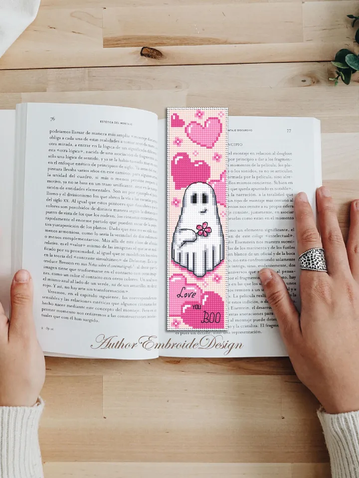 Ghost bookmark cross stitch pattern PDF download Valentine ghost cross stitch chart, Heart bookmark pattern digital PDF, Cute ghost #B370