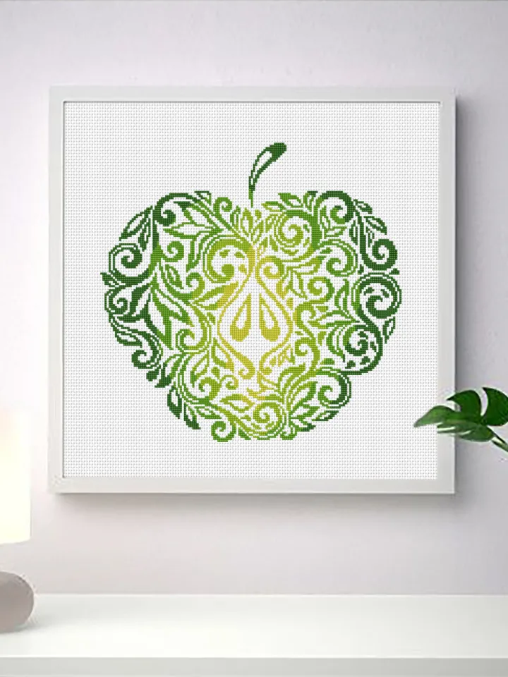 Green apple mandala cross stitch pattern PDF download Fruit cross stitch chart, Apple hand embroidery PDF, Vintage apple ornament #M210