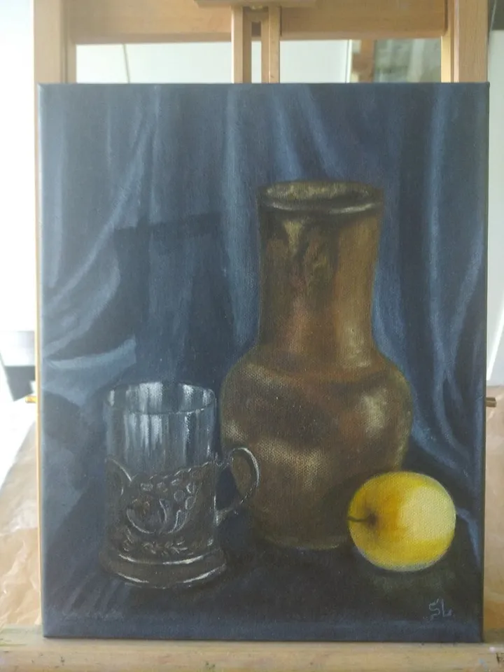 Oil Painting Still Life with Apple and Jug, Glass Goblet on Metal Stand. Vintage Items. Miniature Oil Painting 12x10 Inches