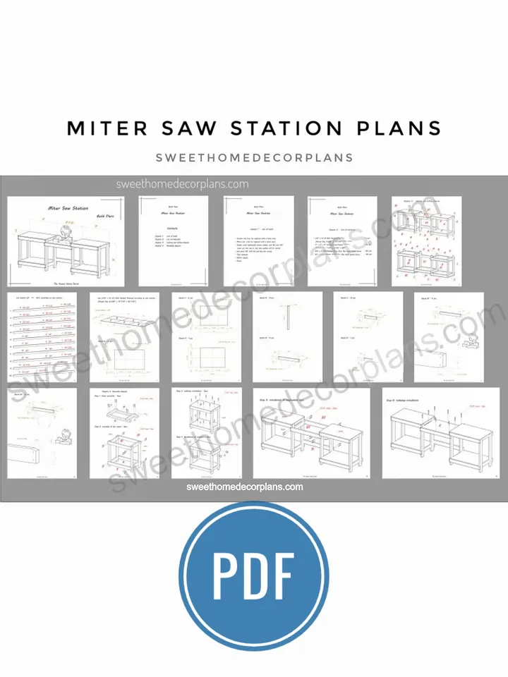 Diy miter saw station plans pdf for woodworking. Workbench craft saw table for woodworking in garage storage. Miter station work table plans.