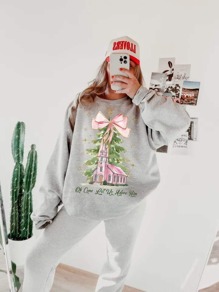 Oh Come Let Us Adore Him Png, Watercolor Christmas Tree Girly, Jesus Christmas Coquette Bow Tree Png, Christmas Lights Hand Drawn