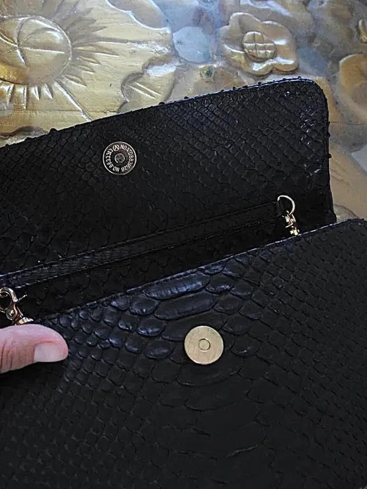 Genuine python skin classy flat clutch with shoulder chain | elegant evening women purse | designer leather bags | small shoulder snake bag