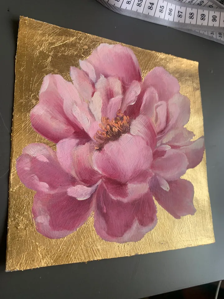 peony on gold leaf original art oil painting on gold